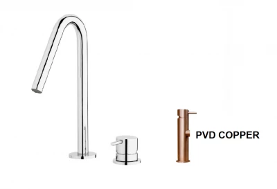 Robinetele pentru chiuveta cu două găuri Waterevolution Flow, cu ieșire mică de 120mm și finisaj din cupru periat PVD, T112VCPE