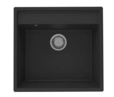 GraniteMy Bremen chiuvetă de granit 53x50 cm negru montaj pe blat, sub blat și la același nivel cu blatul cu banc de găuri pentru robinet CU ȘTUP DE INOX.