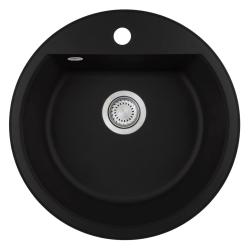 Granitul meu Bremen, chiuveta rotundă din granit, de 43 de cm, negru, cu montare superioară și subblat, cu orificiu pentru robinet și capac din oțel inoxidabil, 1208953206.