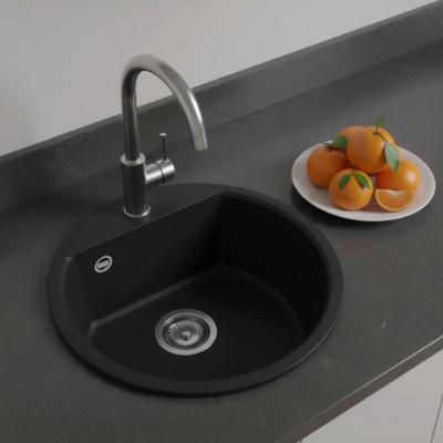 Granitul meu Bremen, chiuveta rotundă din granit, de 43 de cm, negru, cu montare superioară și subblat, cu orificiu pentru robinet și capac din oțel inoxidabil, 1208953206.
