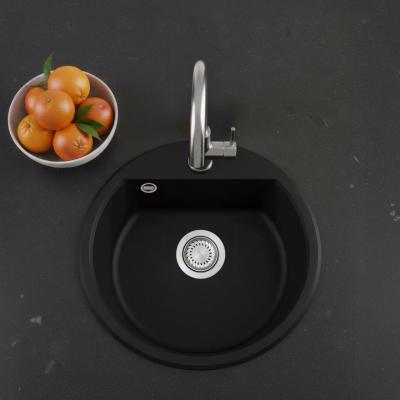 Granitul meu Bremen, chiuveta rotundă din granit, de 43 de cm, negru, cu montare superioară și subblat, cu orificiu pentru robinet și capac din oțel inoxidabil, 1208953206.