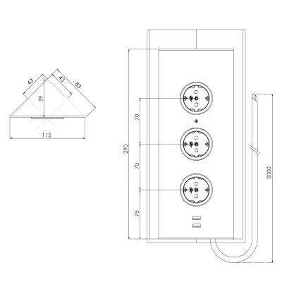 Coloană de energie cu 3 prize de pământ și 2 încărcătoare USB, din oțel inoxidabil, 1208953216.