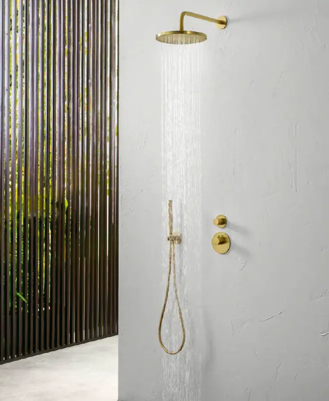 Setul de duș manual SB Rubinetterie 316 cu furtun și cârlig de agățare, din alamă periată cu acoperire PVD, cod 1208953547.