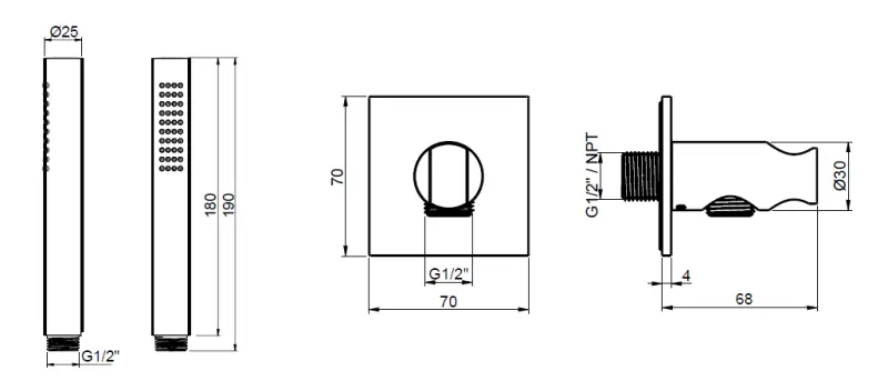 SB 316 Set de duș cu mâner pătrat, furtun și cârlig de agățat, din oțel inoxidabil.