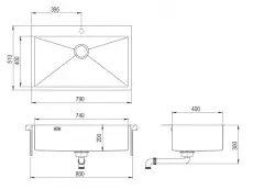 Chiuvetă mare din oțel inoxidabil Ausmann Weser, culoare antracit PVD Gun Metal, 79x51 cu orificiu pentru robinet, montaj sub blat, suprafață plană și montaj suprapus. Cod produs: 067137.