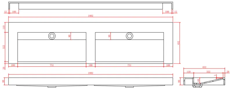 Solid-S Marble dublu lavoar din material solid surface, marmură neagră mată, fără orificiu pentru robinet, cu capac solid, B180xD45xH8 1208953889.