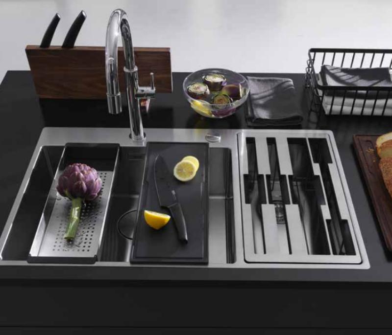 Franke Box Center BWX220-54-27 chiuvetă din oțel inoxidabil în stânga cu tocător set de cuțite și coș din sârmă 86x51cm 127.0587.643