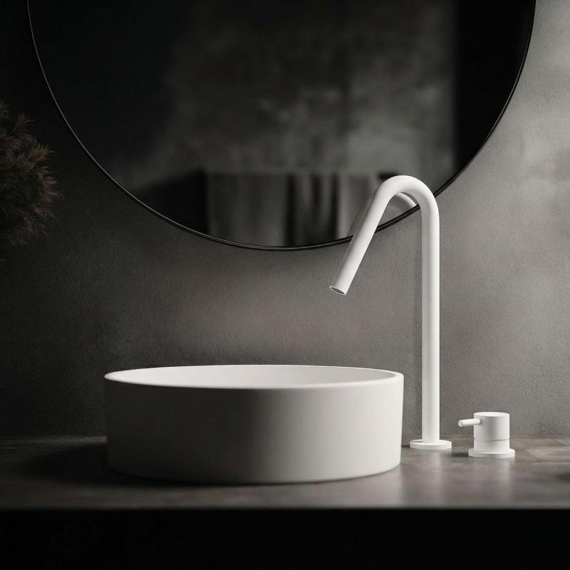 Robinetele pentru chiuveta Waterevolution Flow cu 2 orificii, alb, cu guler înalt de 120 mm, ieșire T1122VBR.