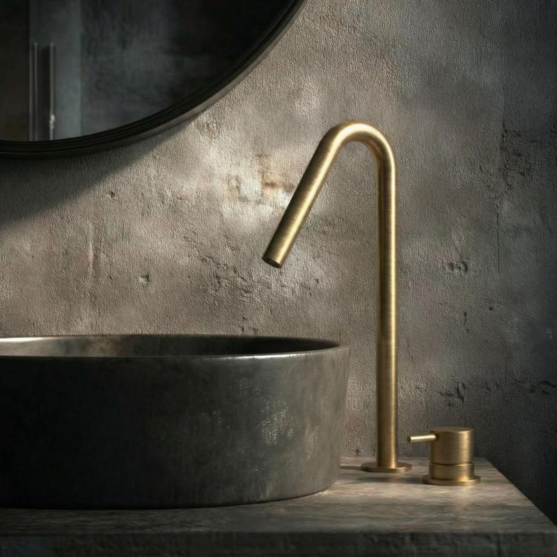 Robința de la chiuvetă Waterevolution Flow cu două orificii, din alamă periată, cu gură de scurgere înaltă de 120 mm T1122VLE.