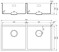Lorreine 4040BQ-FU chiuvetă cu două cuve din quartz negru, 4040 cm, montaj subblat, suprafață plană, negru, cu scurgere cu sită neagră, 1208954010.