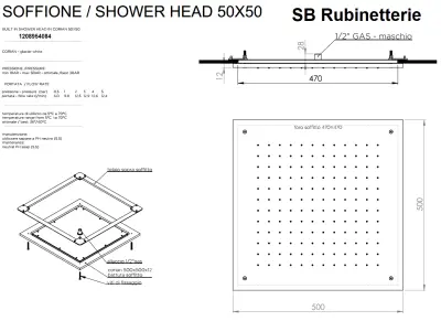 SB Rubinetterie, robinetă de duș ploaie, placată cu corian solid surface, încastrată în tavan, cu cap de duș pătrat de 50 cm, în culoare alb mat, 1208954084.