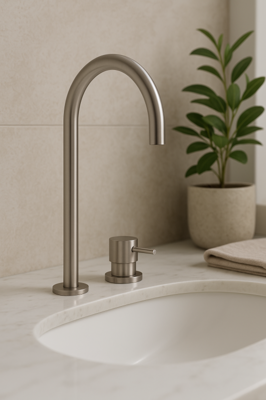 Waterevolution Flow Robinet pentru chiuvetă cu 2 găuri, complet din oțel inoxidabil, cu ieșire înaltă de 200 mm T1122UIE