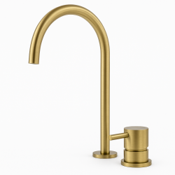 Traducere în română a textului: Robinet pentru chiuvetă Waterevolution Flow cu 2 orificii, din alamă periată, cu gură de scurgere înaltă de 200 mm, model T1122ULE.