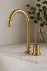 Traducere în română a textului: Robinet pentru chiuvetă Waterevolution Flow cu 2 orificii, din alamă periată, cu gură de scurgere înaltă de 200 mm, model T1122ULE.