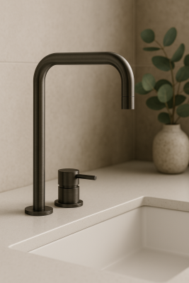 Robinetele pentru chiuvetă Waterevolution Flow cu două găuri, cu gură înaltă 222 PVD Gun Metal T122HGME.