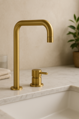 Robinetul pentru chiuvetă cu două găuri Waterevolution Flow, cu ieșire înaltă, din alamă periată, cod T122HLE.