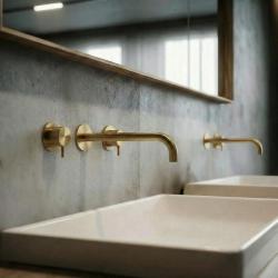 Waterevolution Flow Robinet de chiuvetă încastrat cu 3 găuri, alamă periată, cu gura de scurgere de 21 cm T1163FLE-21