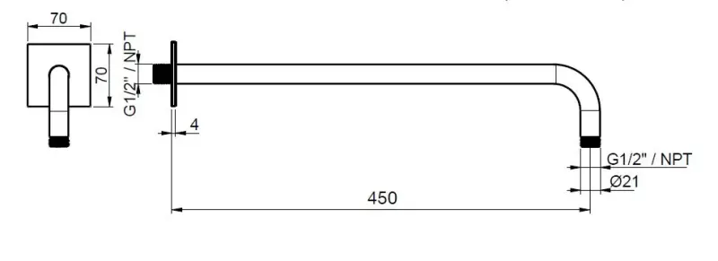 SB Square 316 braț de duș perete rotund de 35 cm, cu rozetă pătrată din inox masiv periat 316.