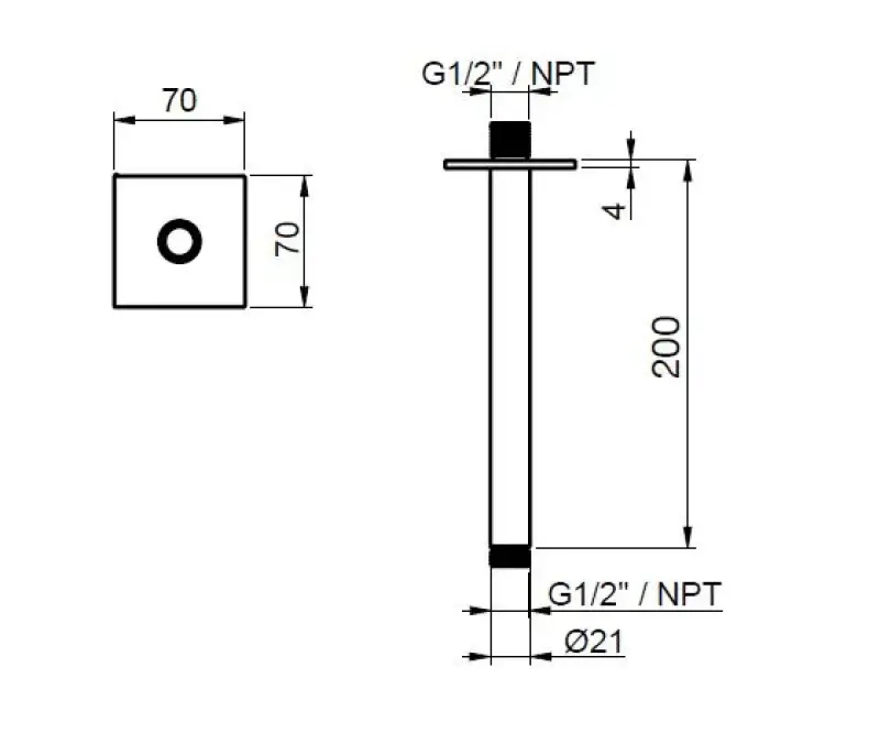 SB Square 316 braț de duș pentru tavan, rotund, de 20 cm, din oțel inoxidabil 316 periat solid