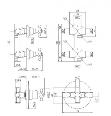 PB Classic termostat de duș încastrat nostalgic cu 2 robinete de închidere aspect inox