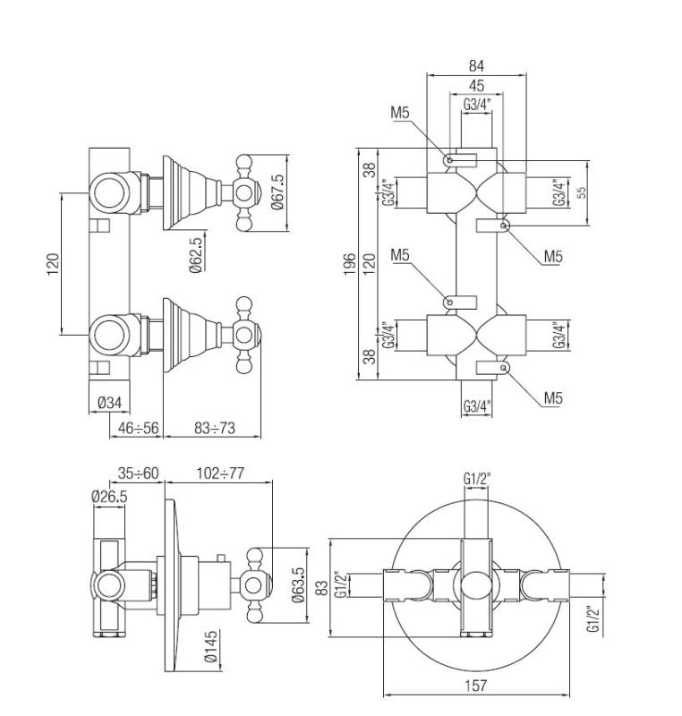 PB Classic termostat de duș încastrat nostalgic cu 2 robinete de închidere aspect inox