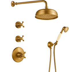 Setul de duș încorporat PB nostalgic cu robinet termostatic și 2 robinete de oprire - cap de duș manual - duș de ploaie 200mm - bronz.