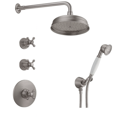 Set de duș încorporat nostalgic PB cu robinet termostatic și 2 robinete de oprire - duș de mână - duș de ploaie 200mm - oțel inoxidabil.