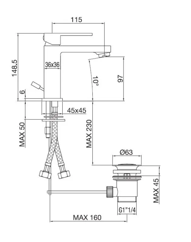 Robineta monocontrol cu un singur orificiu pentru chiuveta PB Kiki, negru mat