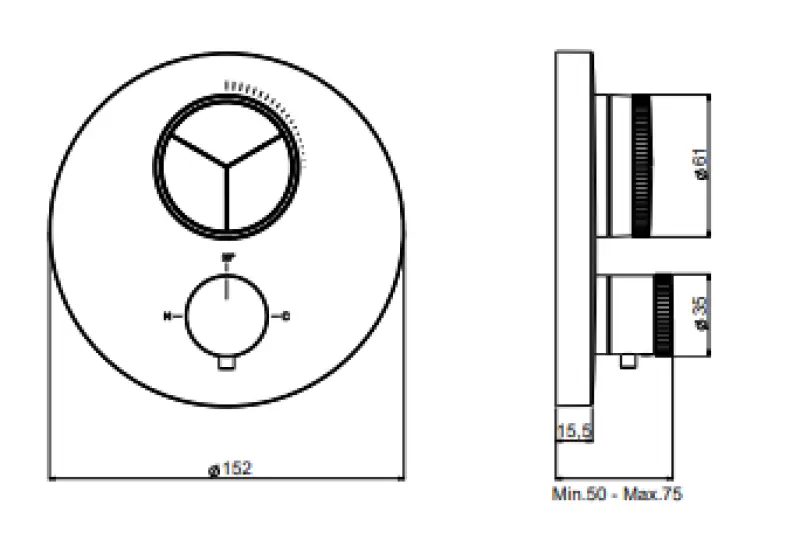 SB Push Round este o robinet termostat cu montaj incastrat, cu buton de presiune, comutator cu 3 cai si regulator de volum, acoperit cu PVD de cupru.