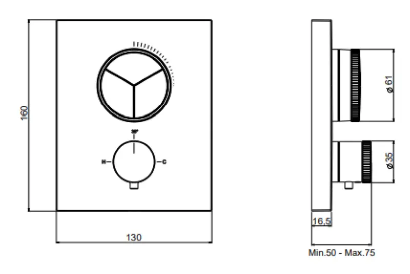 SB Push Square Robinet termostat cu buton de presiune, comutator cu 3 căi și regulator de volum, cromat 1208955132.