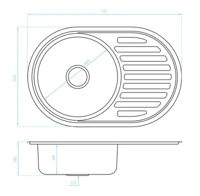 Chiuvetă rotundă de bază Ausmann cu suport pentru scurgere, din oțel inoxidabil, 77x50 cm, inclusiv sifon 1208955523.