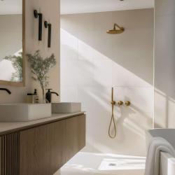 Waterevolution Flow set de duș încorporată cu termostat, duș de ploaie și duș manual, din alamă periată.