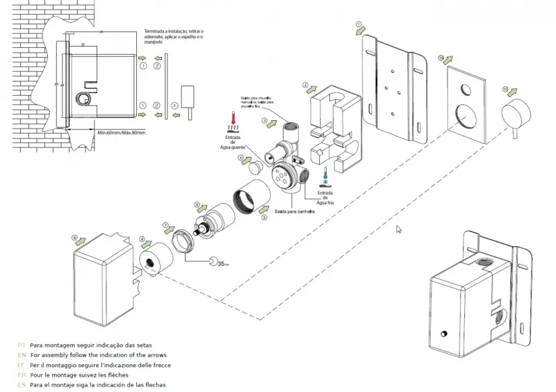Waterevolution Flow set de duș încorporată cu termostat, duș de ploaie și duș manual, din alamă periată.