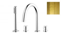Waterevolution Flow 4-gats Badmengkraan voor Badrandmontage geborsteld messing natuur T138 se traduce în română ca: Robinet de baie pentru îmbinarea pe marginea băii cu patru orificii, cu flu