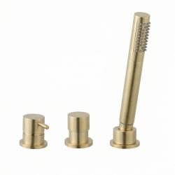 Robinetul de baie Waterevolution Flow cu 3 găuri pentru montaj pe marginea băii, finisaj PVD aur ușor periat.