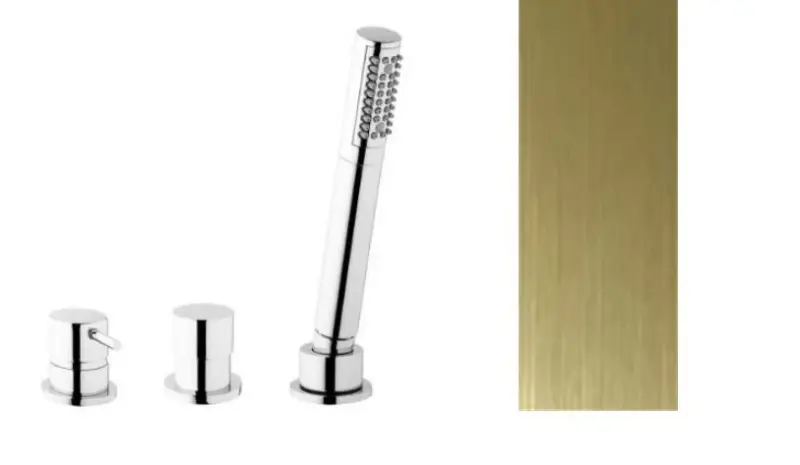 Robinetul de baie Waterevolution Flow cu 3 găuri pentru montaj pe marginea băii, finisaj PVD aur ușor periat.