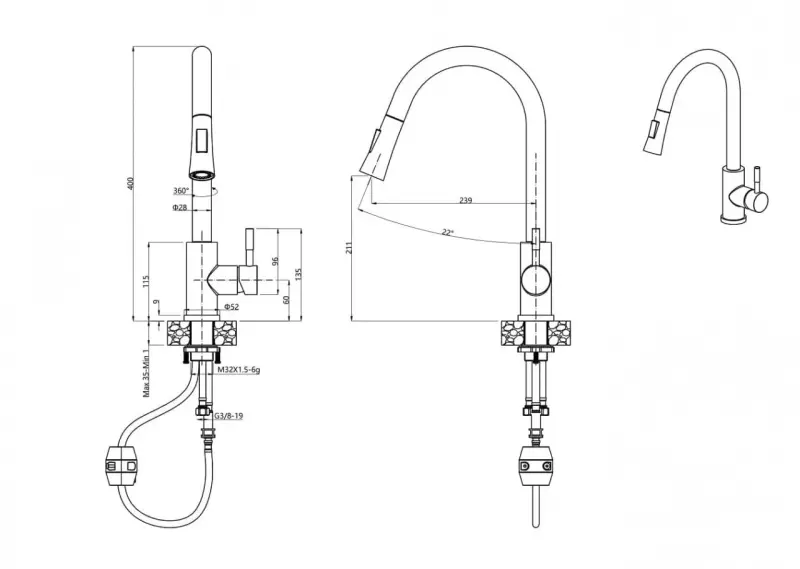 Quadri Leeds Baterie de bucătărie cu duș extensibil cu 2 functii de curgere a apei alb mat 1208955908