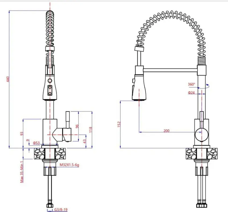 Quadri Derby Baterie de bucătărie cu duș flexibil și 2 tipuri de jeturi din oțel inoxidabil 1208955916