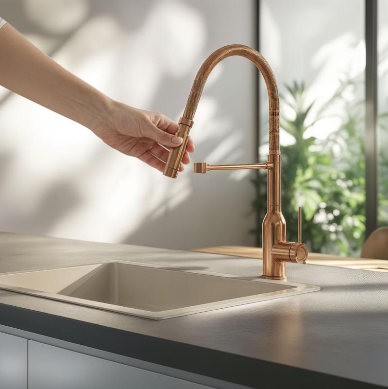 Quadri Stamford  Baterie de bucătărie înaltă cu duș flexibil și finisaj PVD cupru periat 1208956078