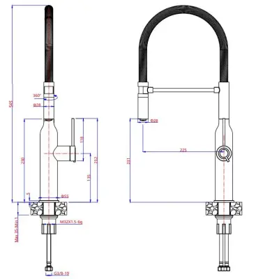 Quadri Stamford Baterie de bucătărie înaltă cu duș flexibil negru mat 1208956079