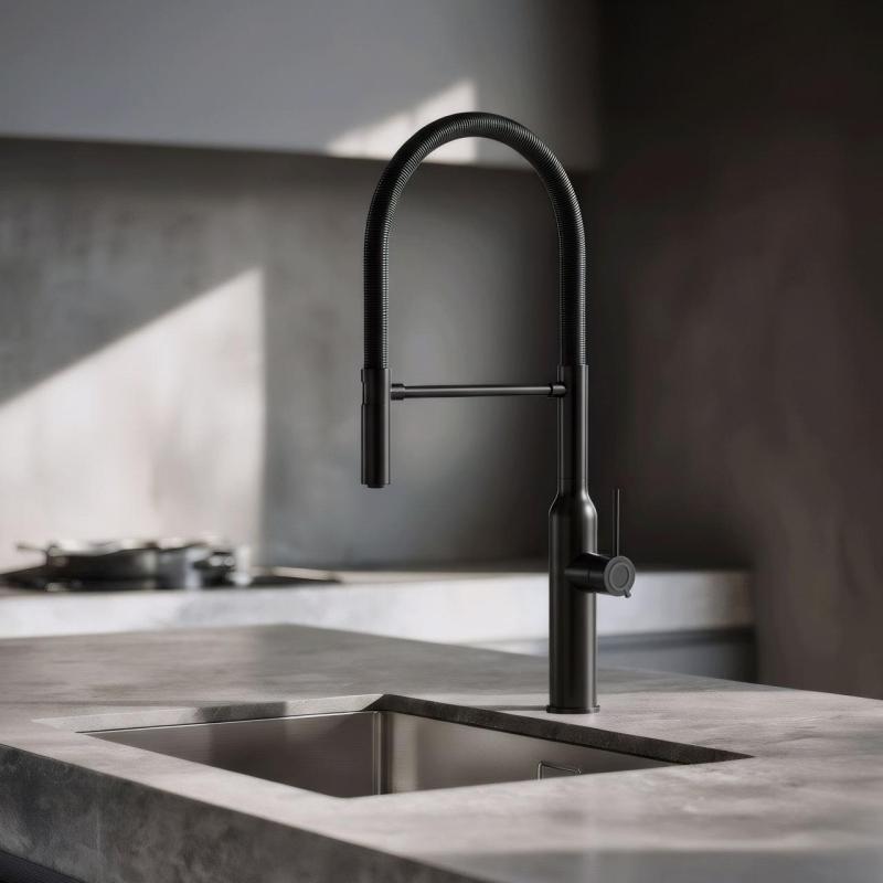 Quadri Stamford Baterie de bucătărie înaltă cu duș flexibil negru mat 1208956079