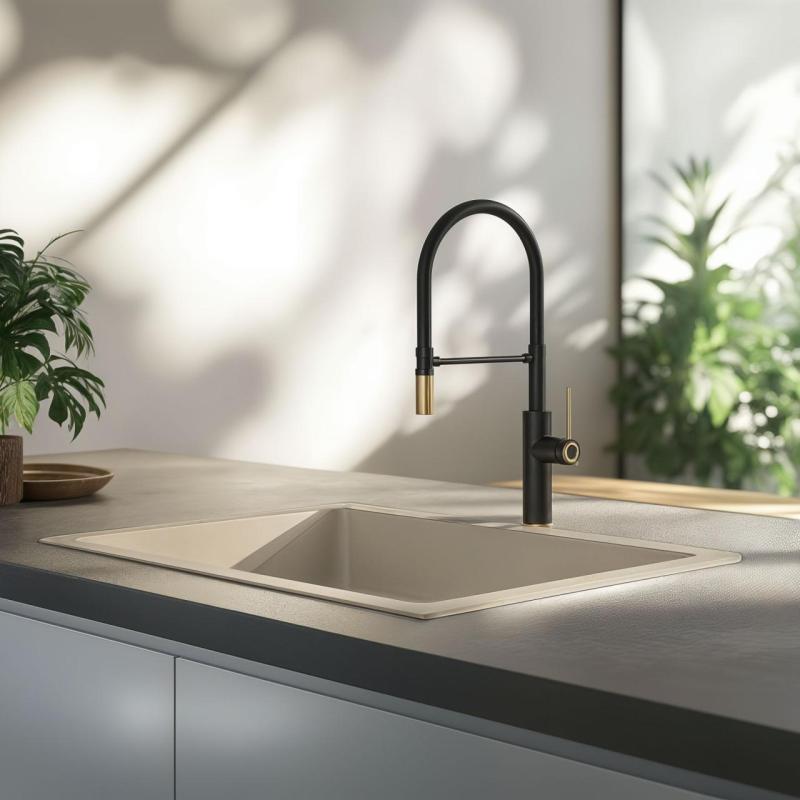 Quadri Retford Robinet de Bucătărie Negru cu Finisaj Auriu și Gâtuire Neagră Flexibilă 1208956092