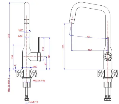Quadri Stamford Baterie de bucătărie PVD auriu cu duză înclinată pivotantă 1208956098
