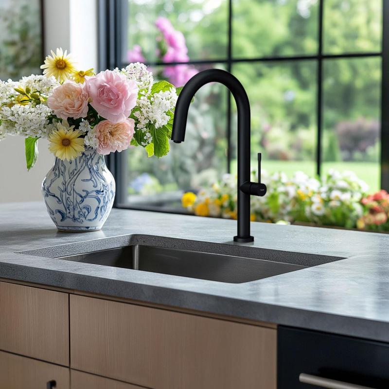 Quadri Brighton  Baterie de bucătărie neagră mat cu duză de scurgere rotativă 1208956107