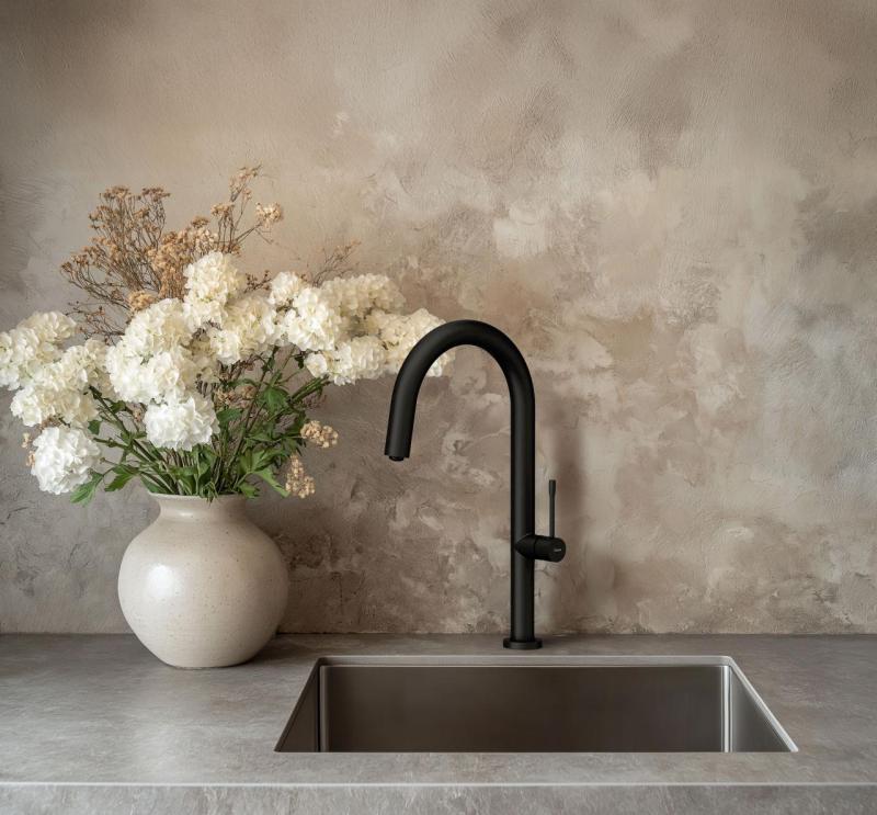 Quadri Brighton  Baterie de bucătărie neagră mat cu duză de scurgere rotativă 1208956107