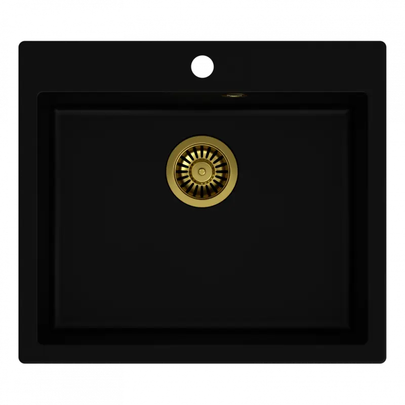Chiuvetă încorporabilă Quadri Sheffield din granit negru, 57x50cm, cu orificiu pentru robinet și dop aurit, 1208956116.