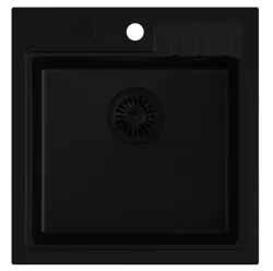 Cardiganul Quadri cu chiuvetă incorporabilă din granit negru, dimensiuni 50x52cm, cu dop negru și orificiu pentru robinet, cod 1208956162.