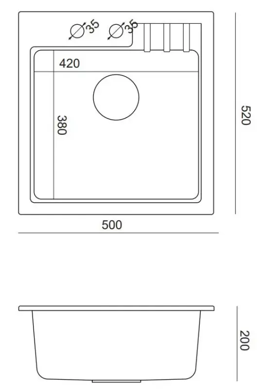 Cardiganul Quadri cu chiuvetă incorporabilă din granit negru, dimensiuni 50x52cm, cu dop negru și orificiu pentru robinet, cod 1208956162.