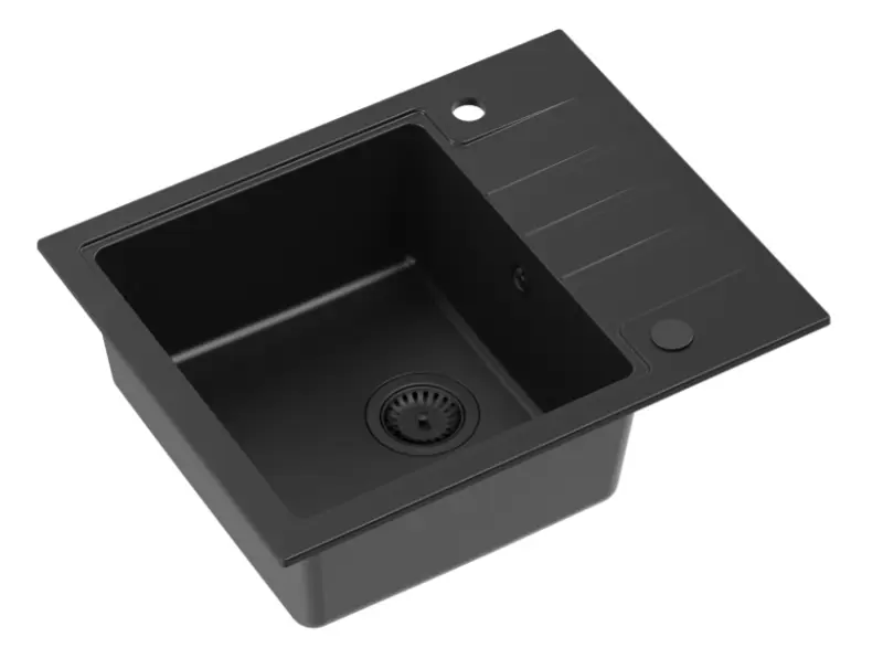 Cardiganul Quadri negru cu chiuvetă de montaj din granit negru și dop negru cu scurgere și zonă de scurgere reversibilă, dimensiuni 62x50cm, cod 1208956163.