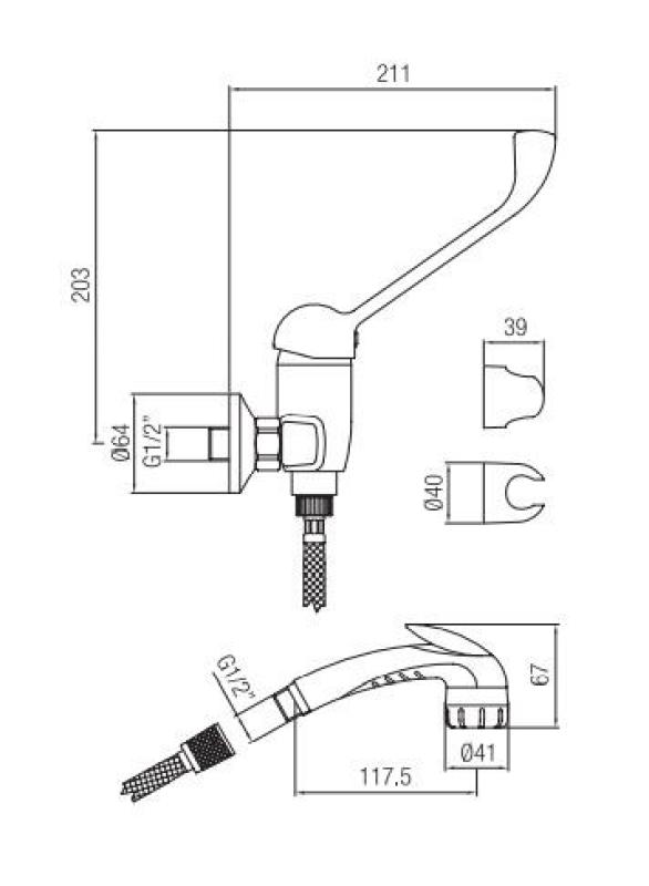 PB Clinic robinetul de duș pentru persoanele cu dizabilități cu maner lung, cromat, cu duș manual de strângere 1208956283
